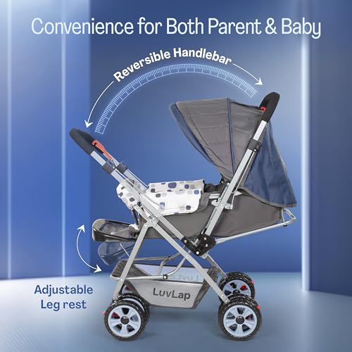 Image of LuvLap Sunshine Baby Stroller /Pram for 0 to 3 Years, New Born /Toddler /Kid, 5 Point Safety Harness, Adjustable backrest, 360 Swivel Wheel, Large Storage Basket, Reversible Handlebar(Navy Blue)