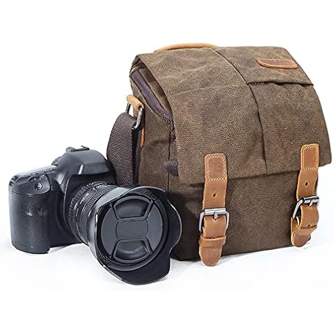 Camera Bag, Vintage Canvas Camera Shoulder Bag Waterproof Leather Trim DSLR SLR Shockproof Camera Messenger Bag Brown Cover