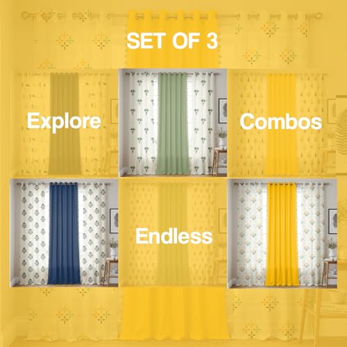 Image of Urban Space Floral 100% Cotton Curtains For Door, Combo Set Of 3 Curtains 7 Feet Long, 60-65% Room Darkening Curtain, Tieback & Eyelets Included With Curtains For Home Decor (Mosaic Yellow, 7 Feet)
