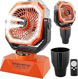 Roykaw 48Hrs Golf Cart Misting Fan, 2-in-1 Large Golf Cart Fan & Camping Fan w/ 2 Spray Modes/4 Powerful Speeds/3 Ultra-Bright LED Lights/Oscillation, with Detachable Base & Cup Holder for Golf Cart