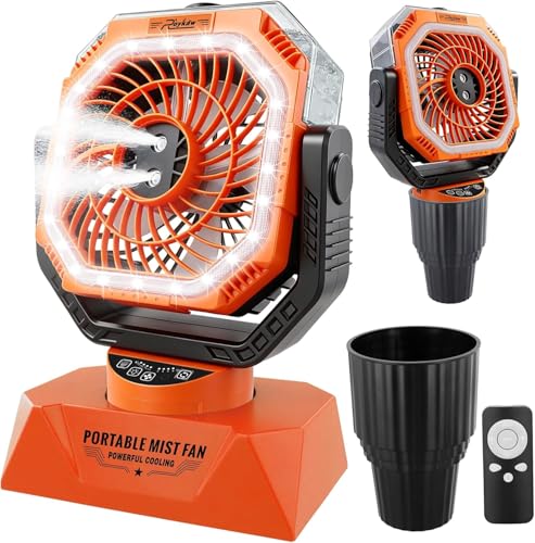 Roykaw 48Hrs Golf Cart Misting Fan 2-in-1 Large Golf Cart Fan & Camping Fan w/ 2 Spray Modes/4 Powerful Speeds/3 Ultra-Bright LED Lights/Oscillation with Detachable Base & Cup Holder for Golf Cart