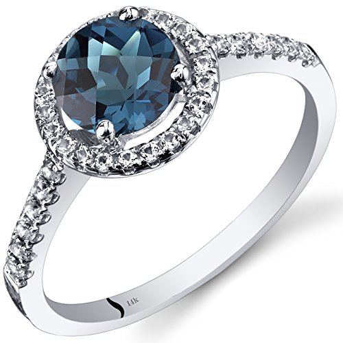 14K White Gold London Blue Topaz Halo Ring Round Checkerboard Cut 1.25 Carats Size 5