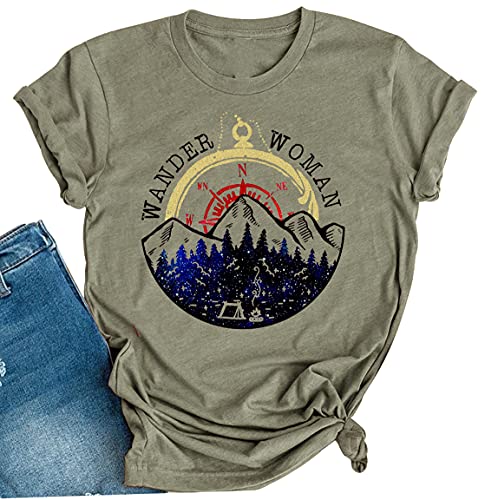 Wander Women Mountain Camping T-Shirt Summer Camping Hiking Vacation Shirts Teen Girls Funny Forest Camper Tees Tops (Xl, Green) #TOP26