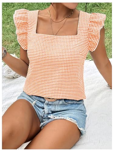 MakeMeChic Women's Gingham Print Blouse Top Square Neck Ruffle Short Sleeve Boho Casual Shirts2