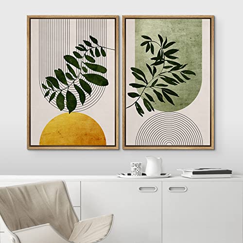 Idea4Wall Framed Canvas Print Wall Art Set Mid-Century Geometric Forest Plant Leaf Nature Wilderness Illustrations Modern Art Rustic Decorative For Living Room, Bedroom, Office - 16"X24"X2 Natural #TOP2