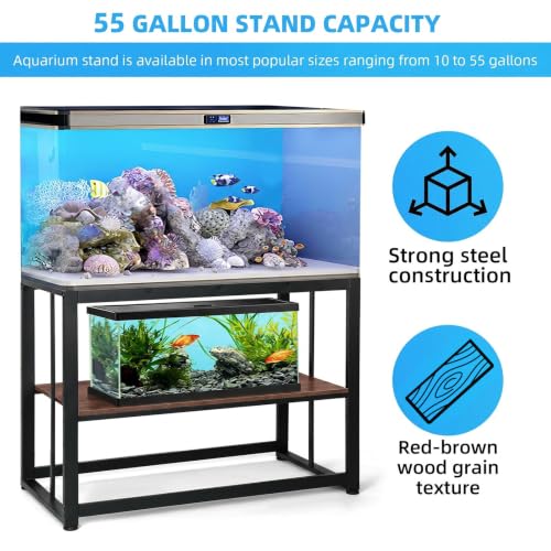 Image of VOWNER 55-75 Gallon Fish Tank Stand - Metal Aquarium Stand, 48.4 inch x 14.9 inch x 29.5 inch Heavy Duty Reptile Tank Stand, Adjustable 2-Tier Fish Tank Rack Shelf for Home Office, Tank not Included, Brown