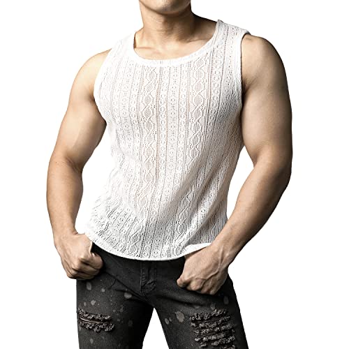 JOGAL Mens See Through Lace Shirts Sleeveless Muscle Tops