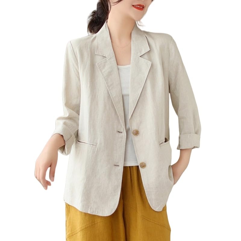 Générique Blazer Élégant en Coton et Lin pour Femme, Manches Longues, Coupe Classique, Basique, Décontracté, Léger, pour L'Été, Couleur Unie, Couleur...