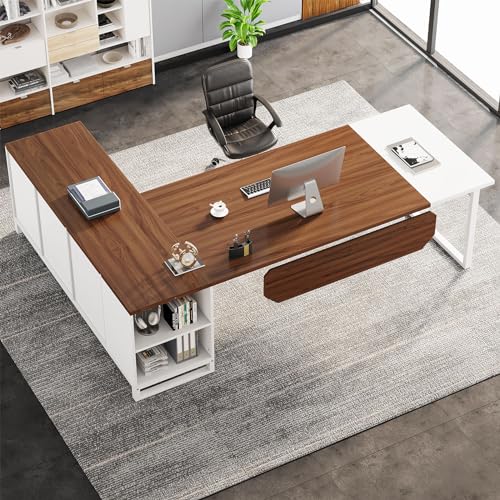 Image of Tribesigns 70.8 inch L-Shaped Executive Desk with 55 inch File Cabinet, Large Home Office Computer Desk with Storage Shelves and Cabinet, Modern Business Furniture Set Home Office, Walnut White