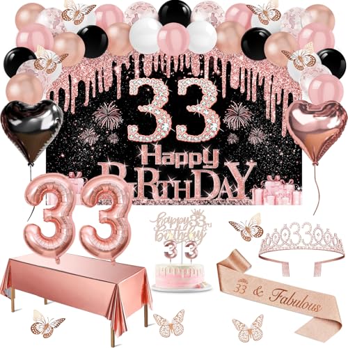 Juesly 33rd Birthday Decorations for Women Rose Gold Black 49pcs