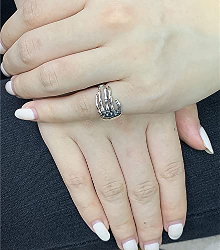 Vintage Skull Hand S925 Sterling Silver Open Band Ring for Women Girls Statement Adjustable Expandable Oxidized Gothic Skeleton Devil's Talons Finger Pinky Rings Comfort Fit Unisex Jewelry4