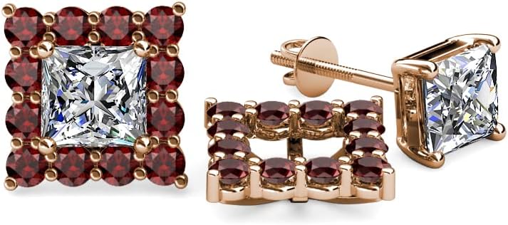 Red Garnet Halo Jackets for Princess Stud Earrings 0.88 ctw 14K Gold