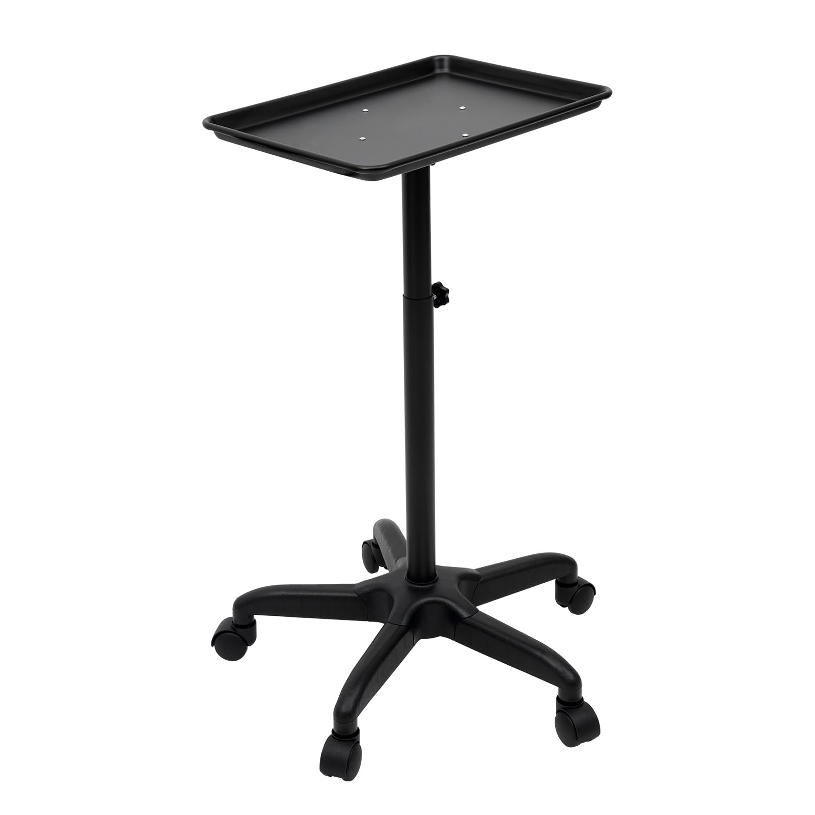 Carro de peluquería profesional ajustable 64-108 cm, mesa enrollable para salón de belleza, soporte material con ruedas, bandeja 45 x 33 cm, ligera 3 kg, ángulo redondeado, borde elevado, negro