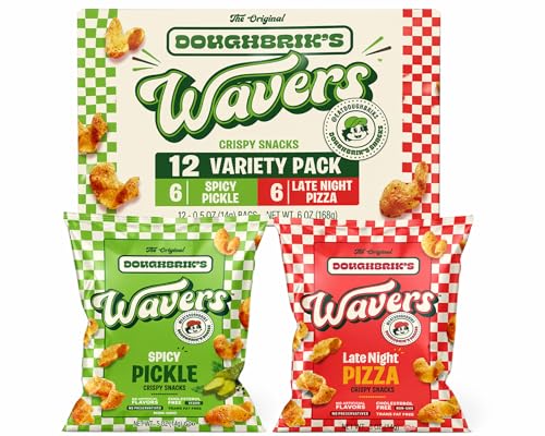 Image of WAVERS by Doughbrik's Snacks Best Sellers Variety Pack, Includes 6 Late Night Pizza & 6 Spicy Pickle Flavors, 0.5 oz Bags, Crispy Crunchy Snack Made in the USA (12-Pack Assortment)