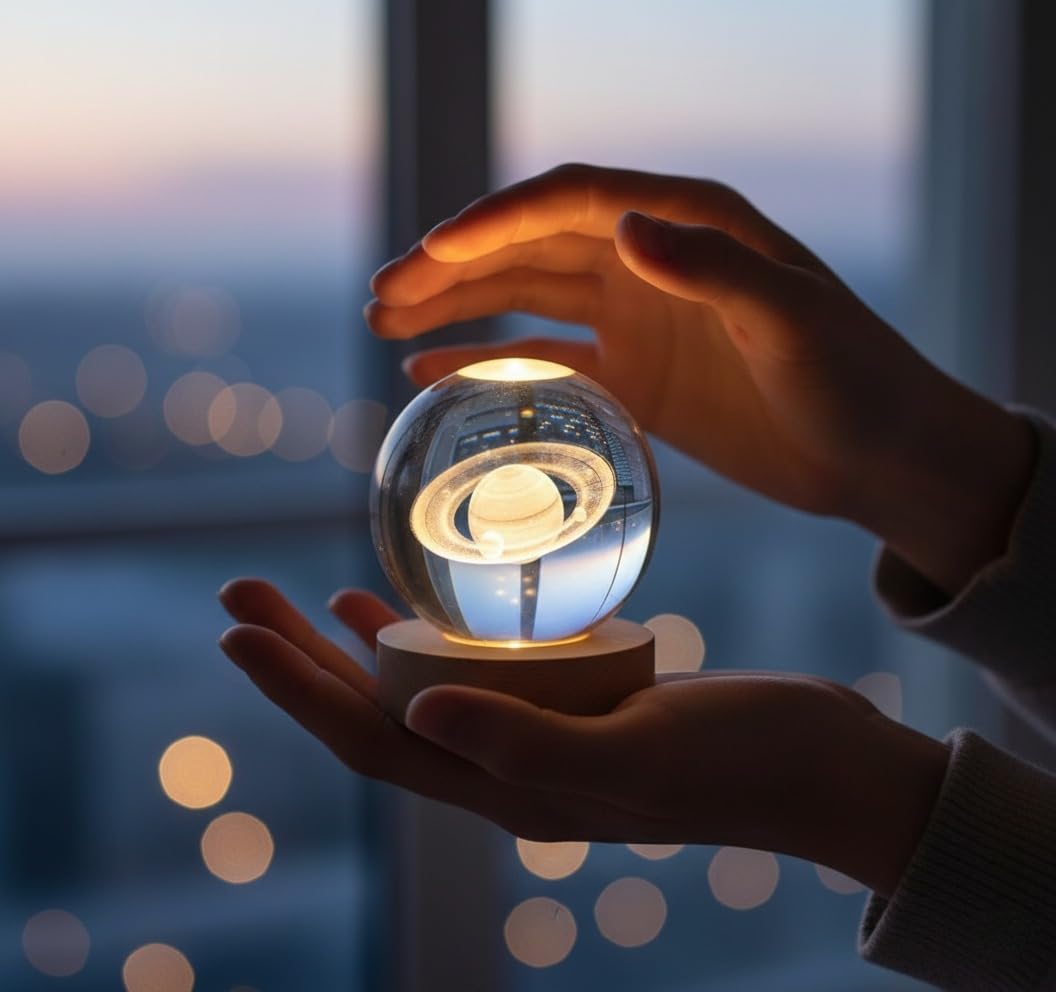 Buy 3D Saturn Crystal Ball Night Lamp with Wooden LED Base