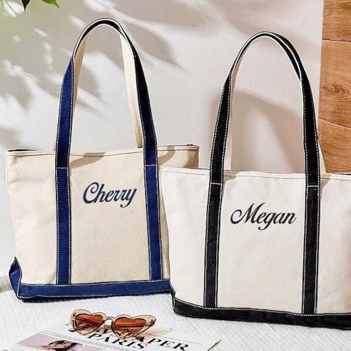 Personalized Women Embroidered Name Tote Bag Reusable Canvas Shopping Bag Top Zipper Closure For Women Beach Travel & Daily Essentials Groceries2