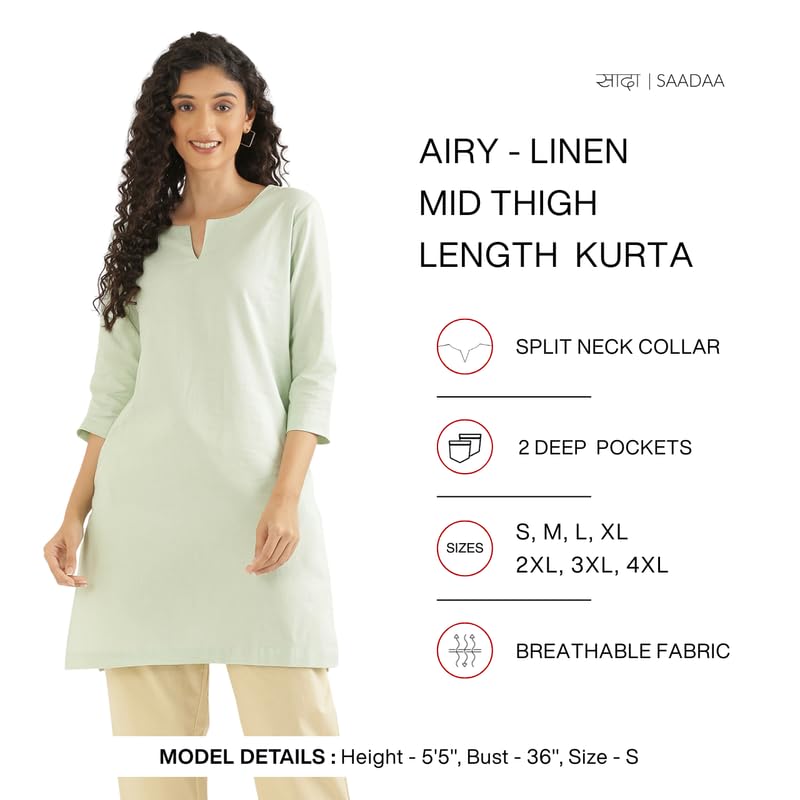 Image of SAADAA Airy Linen Mid Thigh Length Kurta for Women | Stylish Split Neck, 3 /4 Sleeves & Side Pockets | Comfortable Everyday Wear Kurta | Breathable Fabric |