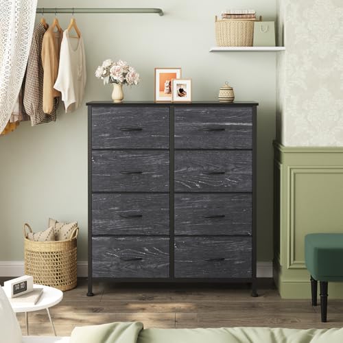 Image of OLIXIS 8 Drawer Storage Dresser for Bedroom, Closet Organizers Units | Fabric Dresser with Wooden Top, Chest of Drawers Clothes Storage, Tower Cabinet, TV Stand Furniture, Black Wood Grain