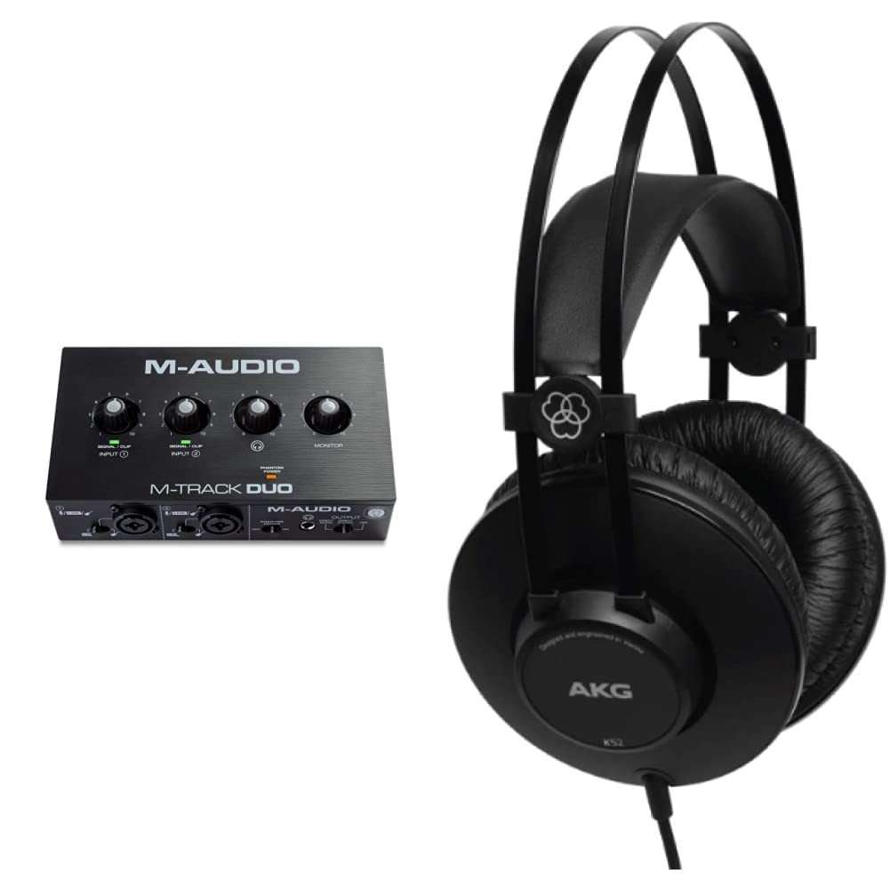 M-Audio M-Track Duo — Interfaccia audio Scheda audio Esterna USB per registrazione, streaming, podcasting con ingressi XLR, Line e DI e software & AKG K52 Closed Back Cuffie, Nero