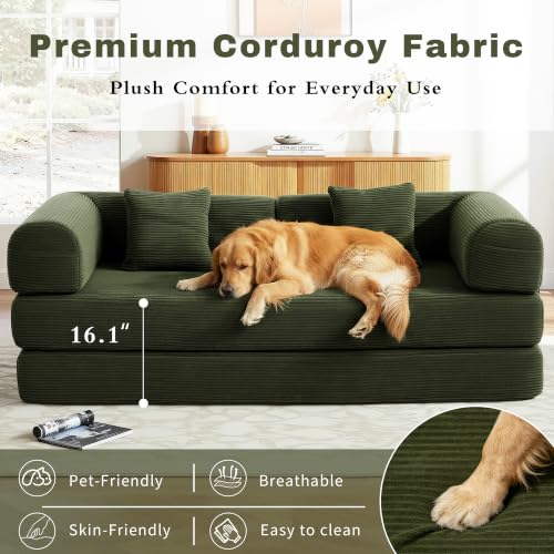 Image of 80 Inch Multi-Functional Convertible Sofa Bed, Fixed Shape Frame, High Density Foam with Corduroy, Easy Assembly, for Living Room and Bedroom. (Green)