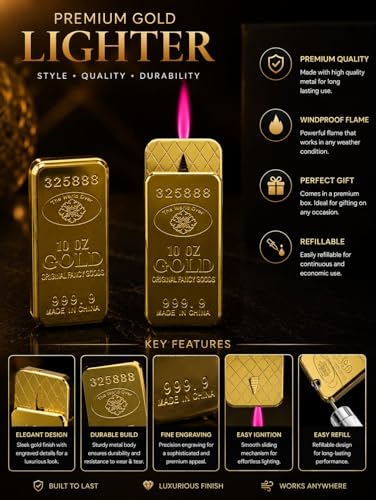 Image of Alkey Metal Gold Bar Lightr Fire Butane Gas Smoke Lighter Inflatable Cigarette Cigar Gasoline Engine Oil Lighter Gadget Cigarette Stylish Pocket Lighter (Gold Red Flame)