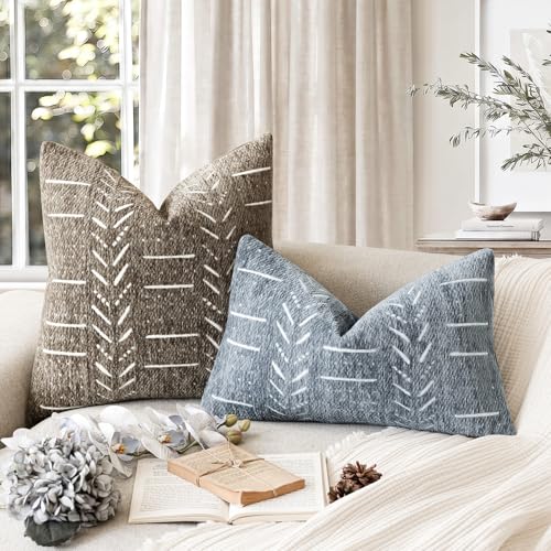 Image of Foindtower Set of 2 Decorative Chenille Jacquard Throw Pillow Covers Textured Farmhouse Lumbar Cushion Covers Modern Boho Accent Home Decor for Sofa Chair Couch Bedroom Living Room,12x20 Inch,Blue