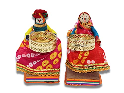 Image of JH Gallery Handmade Recycled Material Rajasthani Dolls Puppet Tealight Candle Holder, Multicolor, 11 x 11 cm, 1 Pair, Home Decor & Decoration Items for Living Room, Office and Hall