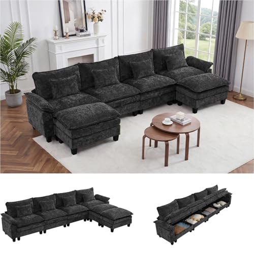Image of IPKIG 151 inch Modular Cloud Couch with Storage, U Shaped Sectional Sofa | 4 Seater Black Chenille Deep Seat Sectional Couches with Ottoman and Pillow for Living Room, Apartment