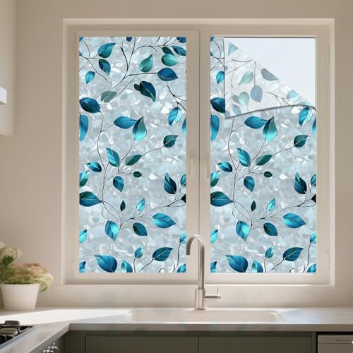 Film para ventana decorativo azul con diseño de hojas 17.7 x 39.3 pulgadas miniatura 2