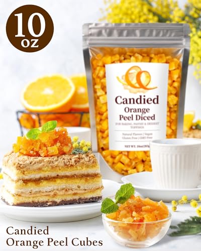 10oz Candied Orange Peel Cubes - Orange Peel Diced Treat for Baking, Desserts, Garnish & Snacks, Bright Flavorful Candied Fruit with Natural Ingredients for Holiday Gifts & Recipes