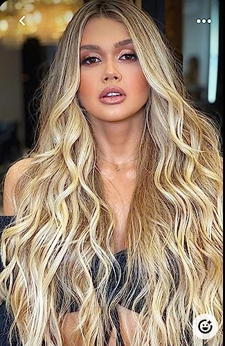 PORSMEER Long Brown to Blonde Highlighted Wigs for Women Ladies Ombre Blonde with Dark Roots Middle Part Natural Looking Loose Wave Synthetic Hair Wig for Everyday or Halloween,26inch