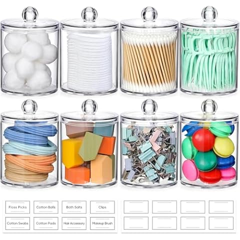 AOZITA 8 Pack Qtip Holder Dispenser with Lids & Labels Cover