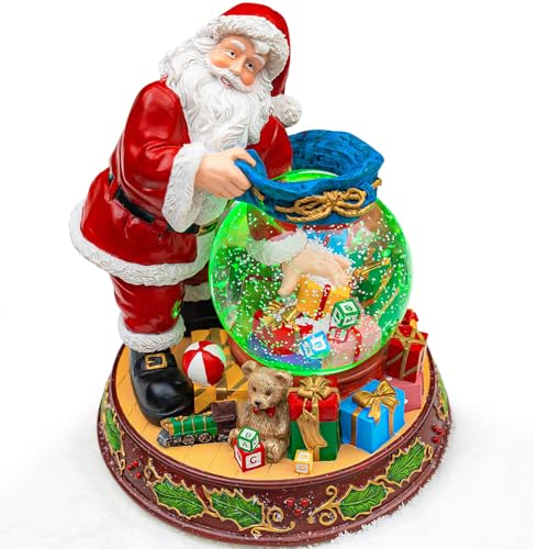 Santa Claus Snow Globe with Music Box, Automatic Snowfall, and LED Color Lights and Holiday Home Décor for Family, Friends, Plays 8 Classic Christmas Songs