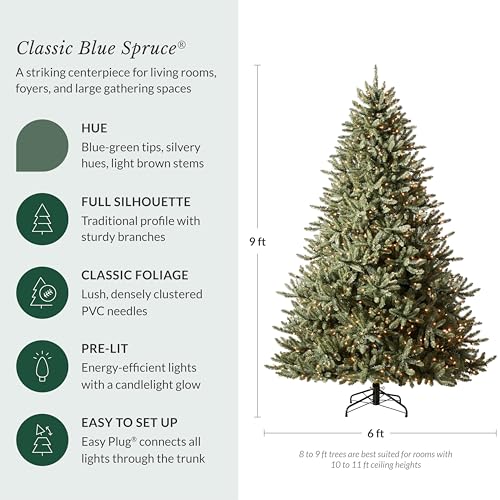Image of Balsam Hill 9ft Pre-Lit Classic Blue Spruce - Artificial Christmas Tree with 1500 LED Clear Lights, Easy Plug Technology, Premium Stand for Indoor Holiday Decorating