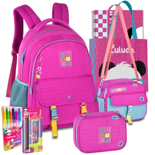 Kit Mochila Luluca Escolar Lancheira Estojo Escolar Meninas Resistente Infantil Juvenil (Rosa)