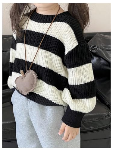 GORGLITTER Girl's Sweater Oversized Striped Cute Chunky Sweater Long Sleeve Crewneck Crochet Knit Tops Size 4-7Y3