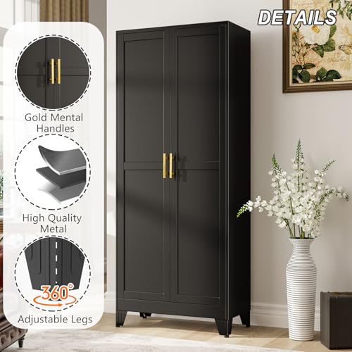Image of winiowa Metal Pantry Cabinet with 2 Doors and Adjustable Shelves - 71 inch Kitchen Storage Cabinet with Gold Handles - Versatile Storage for Kitchen, Bathroom, Dining Room, Utility Room - Black