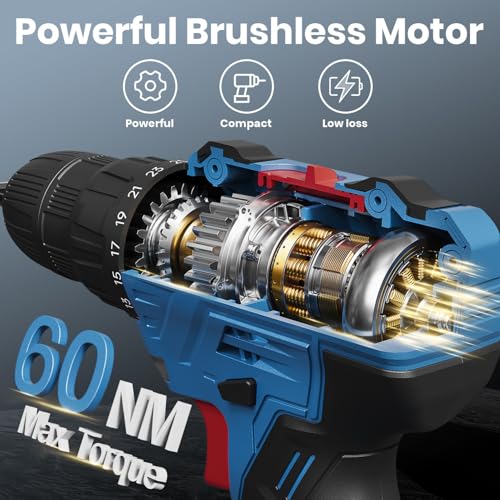 20V Brushless Akku Bohrschrauber, 25+1 Akkuschrauber 60Nm Max, Akku Bohrmaschine mit 2 Akkus, 2 Geschwindigkeiten, LED, Akku Schlagbohrschrauber 25 Zubehör für Heimprojekte – Bild 3
