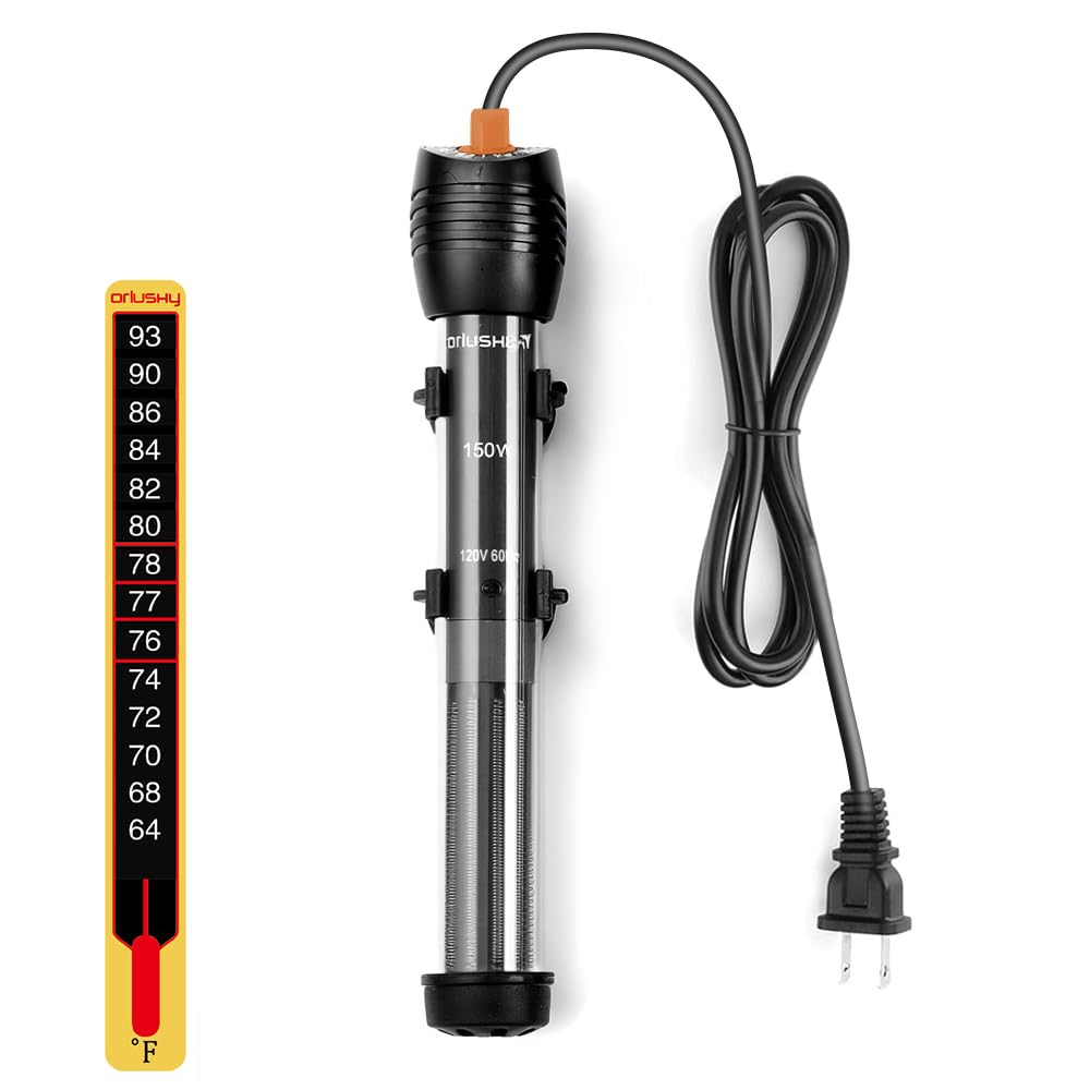 Orlushy Submersible Aquarium Heater,150W Adjustable Fish Tahk Heater with 2 Suction Cups Free Thermometer Suitable for Marine Saltwater and Freshwater