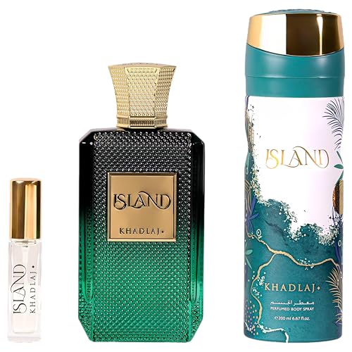 Image of Khadlaj Island 3-Piece Gift Set for Unisex (3.4 oz Extrait de Parfum Spray + 6.8 oz Deodorant Spray + 0.27 oz Travel Spray)