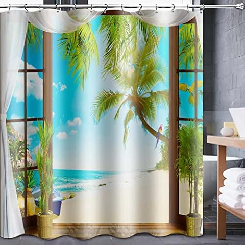 Tropical Beach Shower Curtain for Bathroom,Lnond Palms Tree Shower Curtain with 12 Hooks,Summer Romantic Shower Curtains,Washable Waterproof Fabric Shower Curtain Set for Bathroom (72" x 72") Cover
