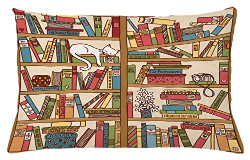 image for Ambesonne Cat Throw Pillow Cushion Cover, Nerd Book Lover Kitty Sleepi