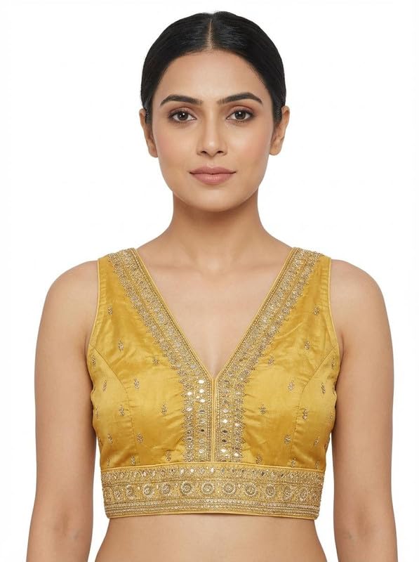 Women’s Zari Blouse | Sleeveless Non-Padded Readymade Saree Top | V-Neck | Hook Closure | Breathable Silk Fabric | Traditional Contemporary Style | Extra Sleeves Included-picture-48