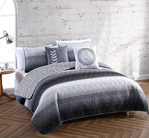 Geneva Home Fashion Avondale Manor 5-Piece Cypress Quilt Set, Queen Quilt Set, Lightweight Ultra-Soft Microfiber, Reversible Comfortable Bedding Set, Hypoallergenic Bedspread, Queen, Black/Grey #TOP5