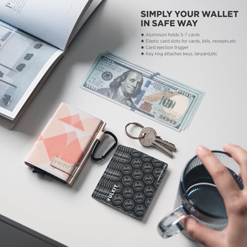VULKIT Slim Wallet for Men and Women, Pop up Credit Card holder Metal Case RFID Blocking with Keychain Wristlet4