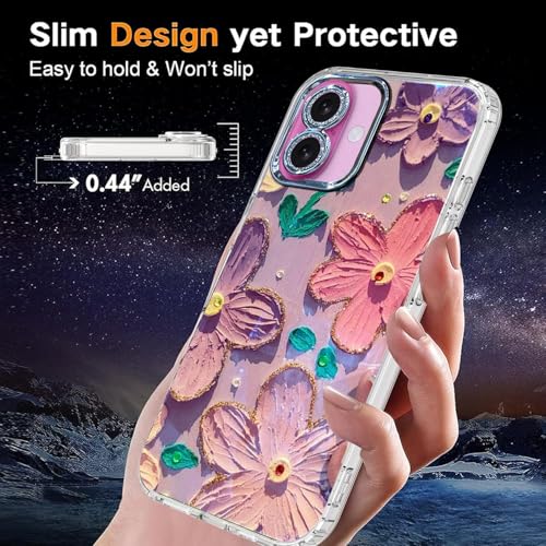 Image of VONZEE Laser Flower Case Compatible with iPhone 16, Colorful Oil Painting Design, Shockproof PC+TPU Hybrid Cover, Full Camera Protection Glossy Cute Protective Case for Women & Girls, Pink & Purple