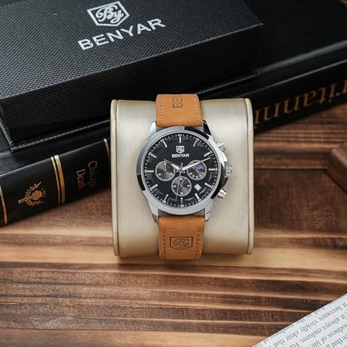 Image of BY BENYAR Waterproof Multifunction Chronograph Black Fashion Quartz Calendar with Leather Strap Sport Military Men's Wrist Watch