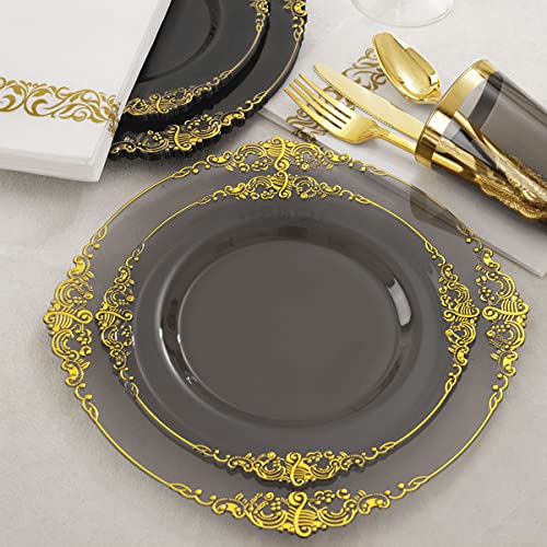 Nervure 175Pcs Clear Black Plastic Plates - Gold Plastic Plates Sets For 25 Guests Include 25Dinner Plates, 25Dessert Plates, 25Cups, 25Forks, 25Knives, 25Spoons, 25Napkins For Parties & Wedding #TOP1