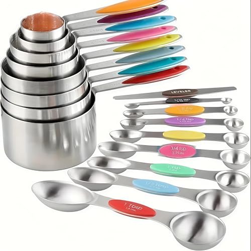 Measuring Cups and Spoons Set Stainless Steel Including 8 Stackable Measuring Cup 8 Double Sided Magnetic Measuring Spoons with 1 Leveler for Dry and Liquid Ingredients