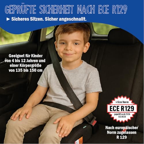 UNITED KIDS Autokindersitz Safari Gruppe II/III EU Norm ECE R129 Sitzerhöhung für Kinder von 135-150cm, Farbe:schwarz-grau